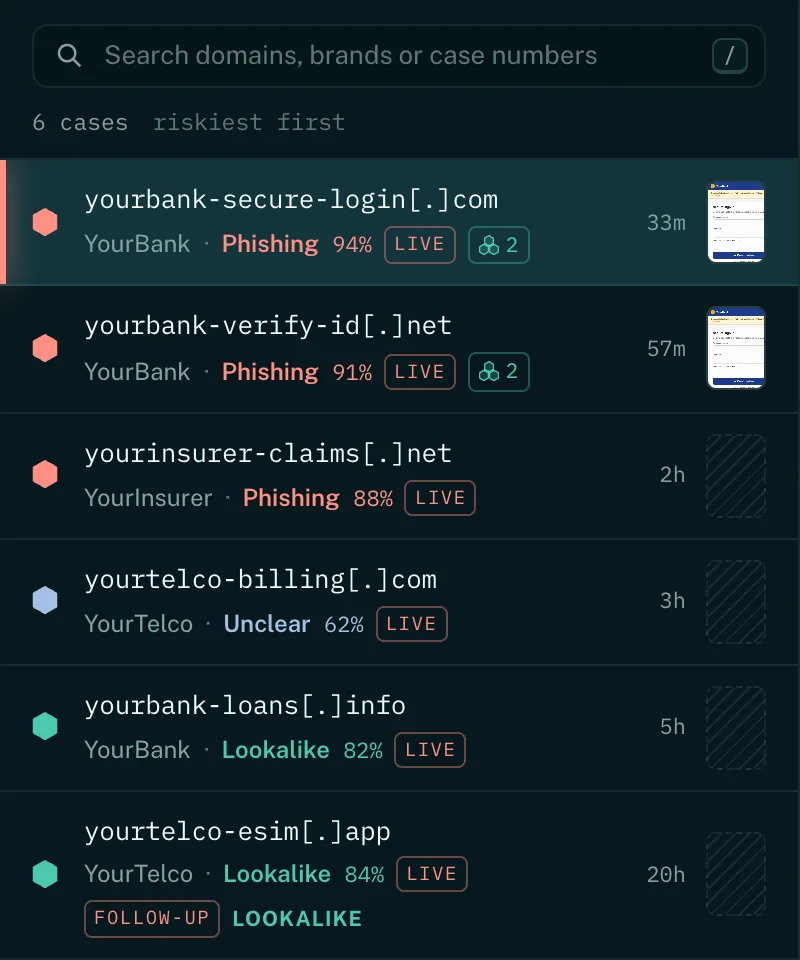 The queue of made-up cases, riskiest first, with two YourBank fakes grouped together.